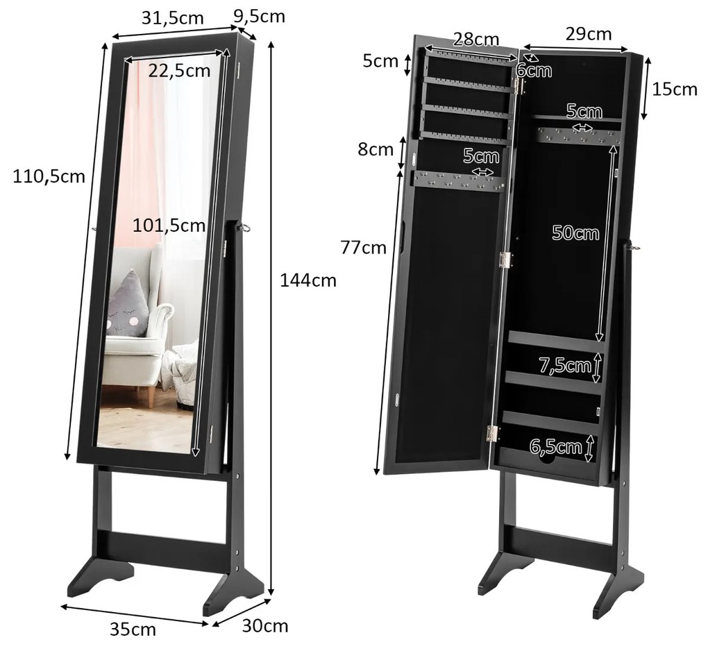 Armário Joias com Espelho de Corpo Inteiro e 3 Ângulos Reguláveis 2 em 1 35 x 30 x 144 cm Preto