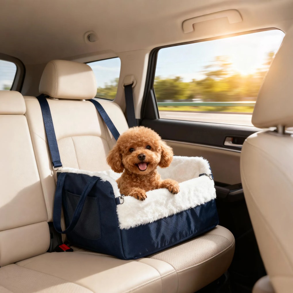 Cadeira auto para cães com cinto de segurança e sistema de fixação, cadeira auto para cães 55 x 46 x 32 cm azul-marinho