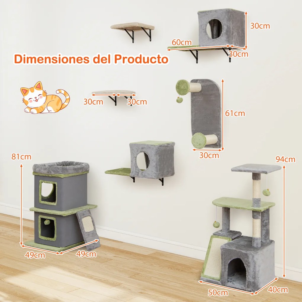 Conjunto de móveis para gatos 3 em 1 com prateleiras de parede modulares com cama e arranhador cinza