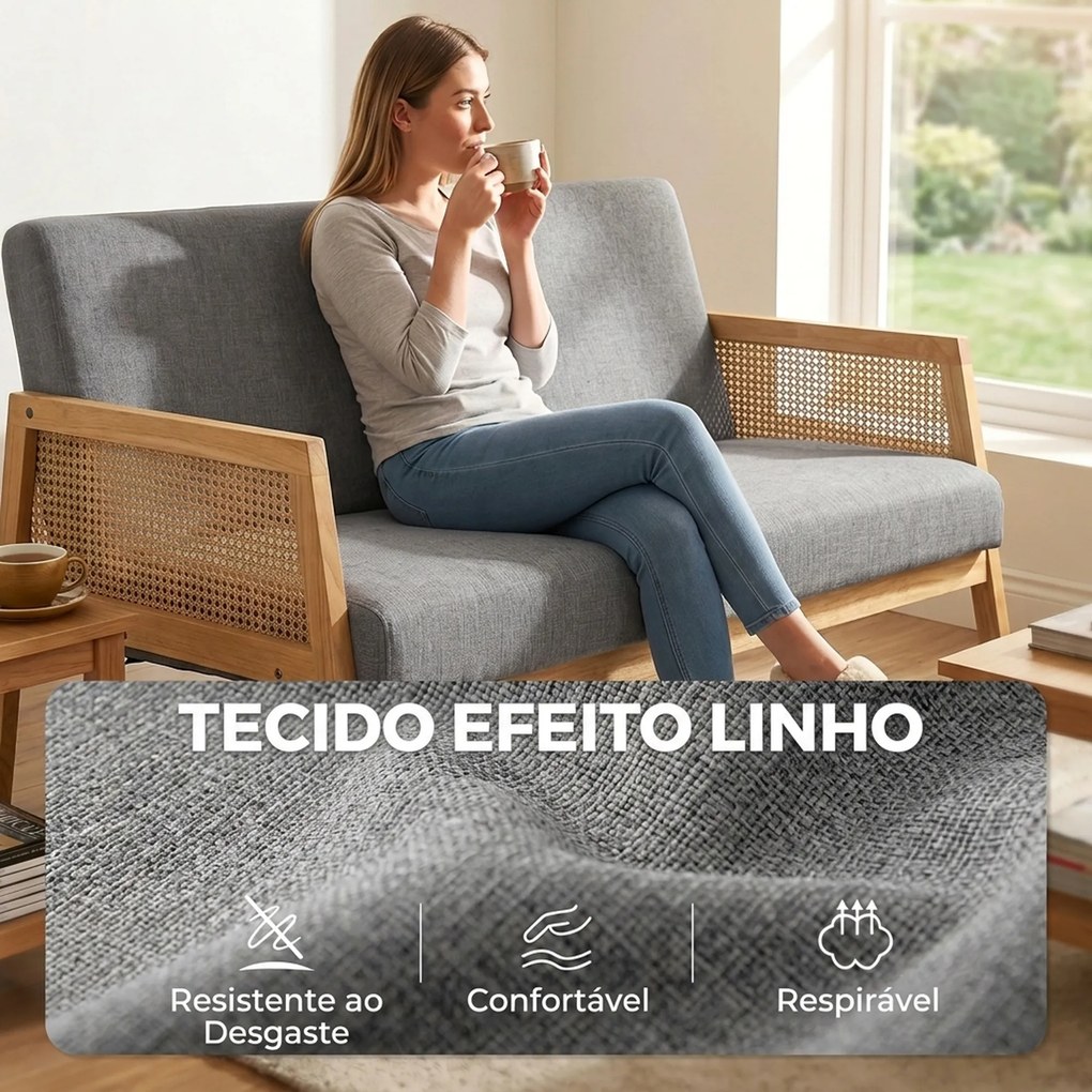 Sofá de 2 Lugares com Efeito Linho Detalhes em Vime Sintético e Estrutura em Madeira até 240 kg 115x77x77 cm Cinza