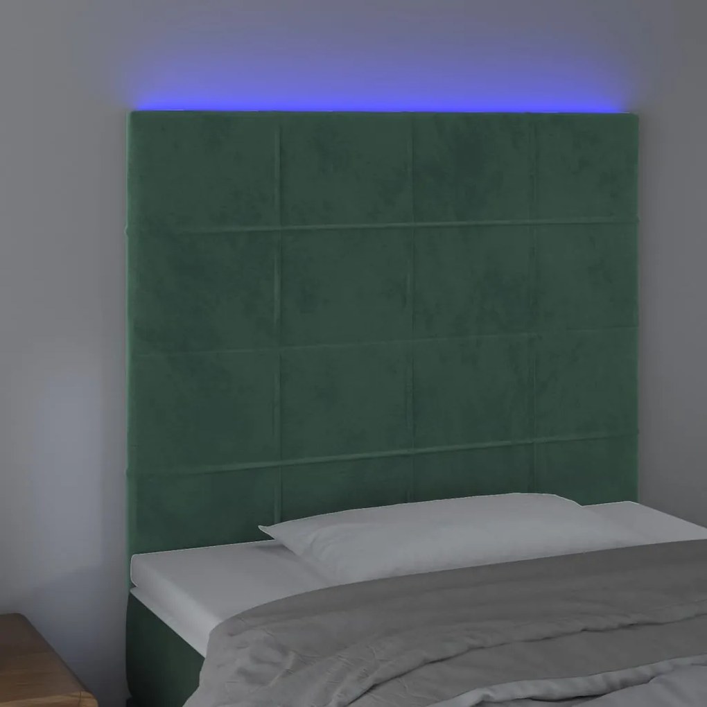 Cabeceira de cama c/ LED veludo 100x5x118/128 cm verde-escuro