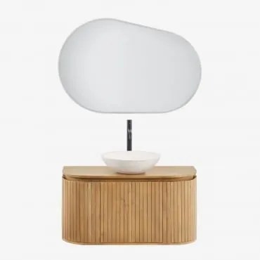 Conjunto De Móvel De Casa De Banho Suspenso Em Madeira De Manga Analis Madeira Natural & Cimento Redondo Branco Ø40 Cm Zavion & Oval - Sklum