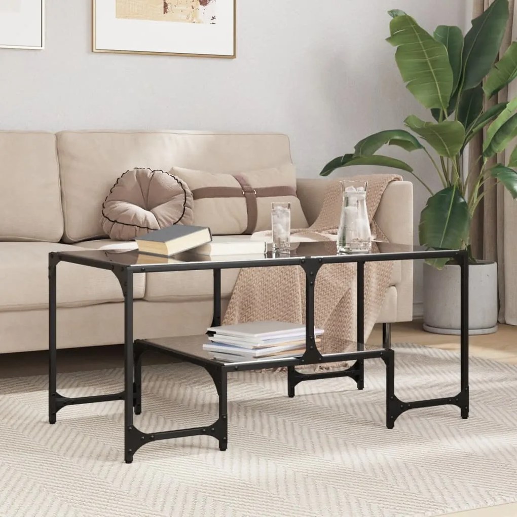 Mesa de centro com topo em vidro preto 98,5x50x45 cm aço