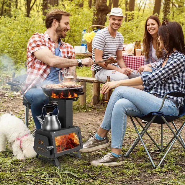 Fogão a lenha portátil com 2 posições de cozedura, pega da porta e janela de vidro resistente ao calor para cozinhar campismo