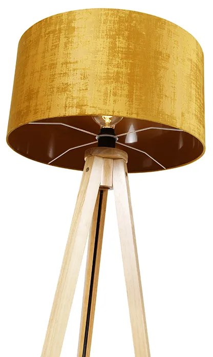 Candeeiro de pé em madeira com abajur em tecido dourado 50 cm - Tripod Classic Moderno