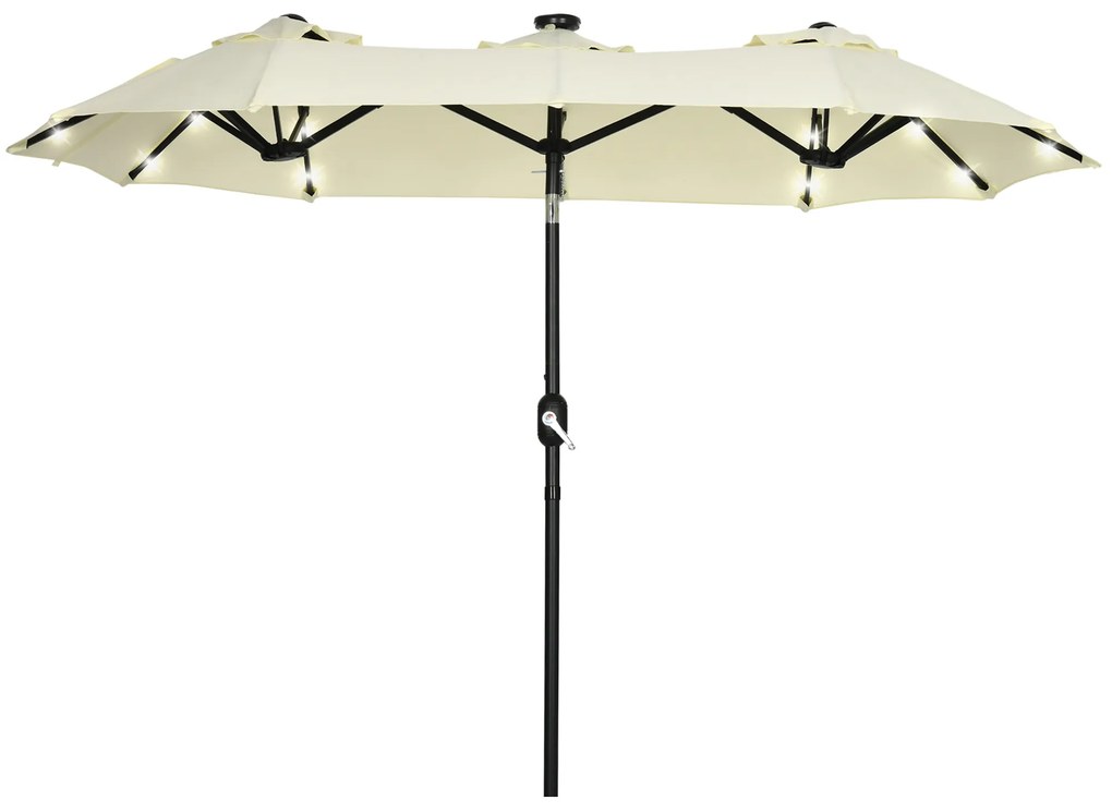 Outsunny Chapéu de Sol Duplo com Luzes LED 280x146x227cm Chapéu de Sol de Jardim com Inclinação de 45° Manivela Estrutura de Aço para Pátio Varanda Piscina Bege