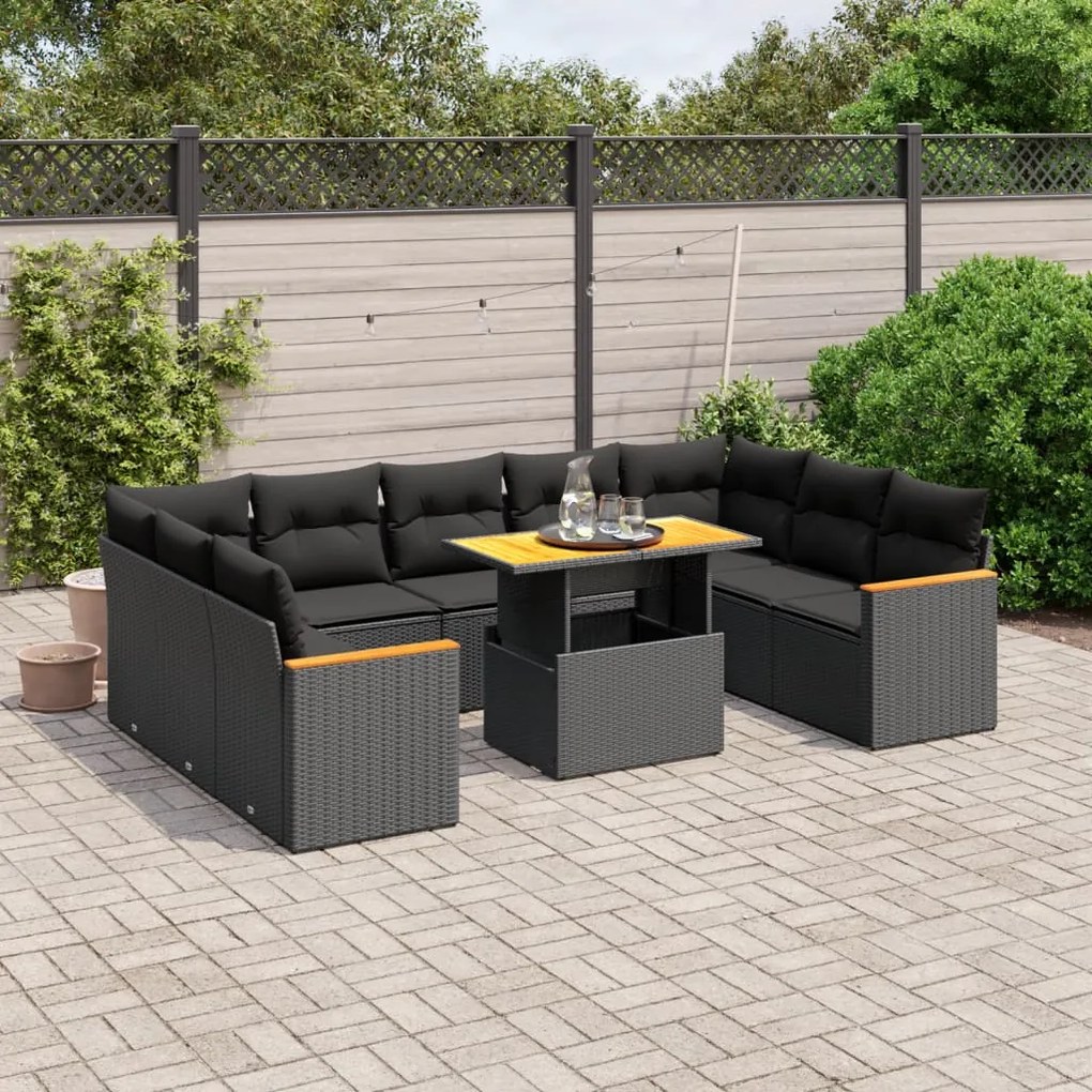 10 pcs conjunto sofás de jardim c/ almofadões vime PE preto