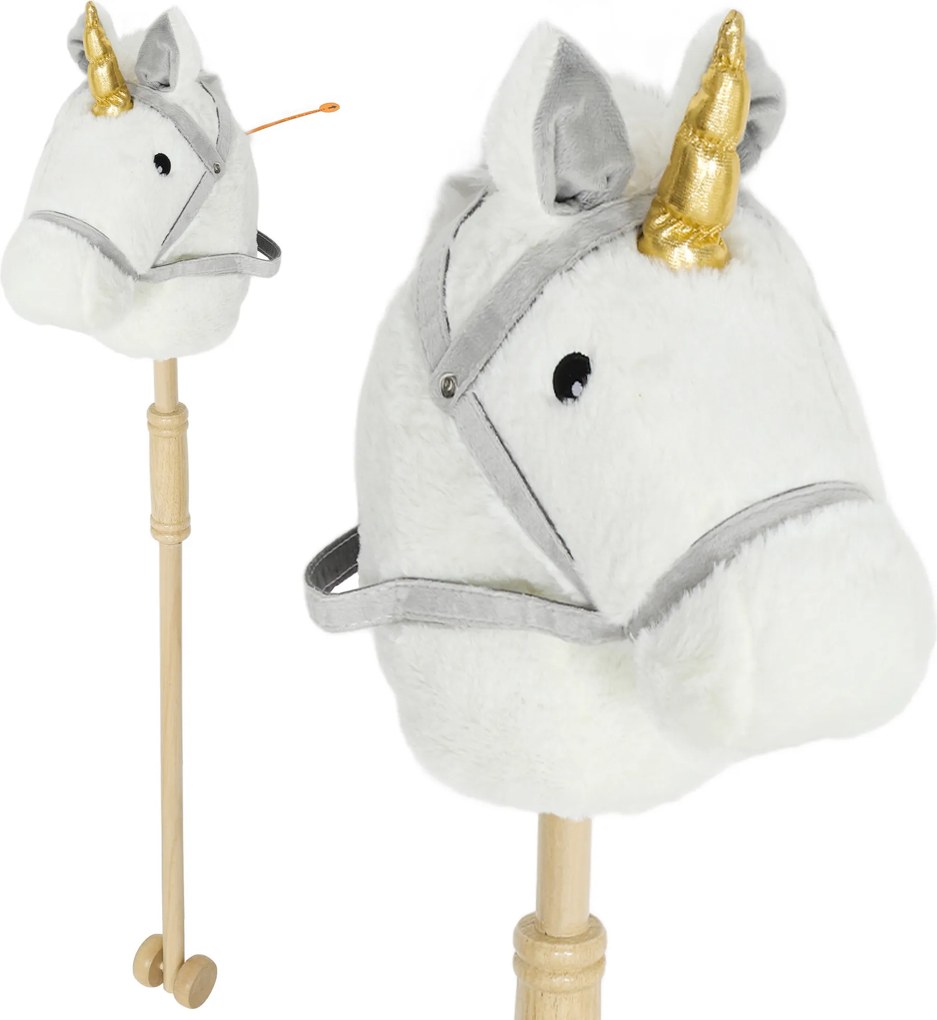 Cavalo com Pau de Madeira Design Unicórnio Sons e Rodas Cavalo de Brinquedo 95x25x27 cm Branco