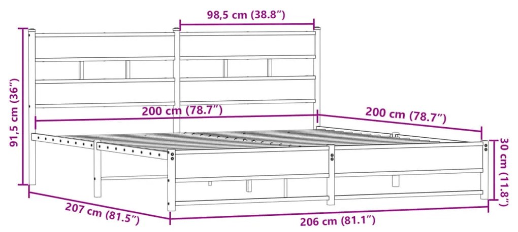 Estrutura de cama sem colchão 200x200cm metal carvalho fumado