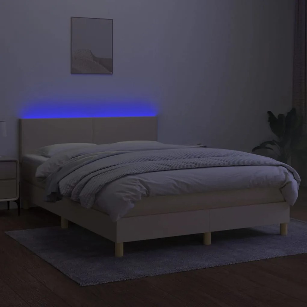 Cama box spring c/ colchão e LED 140x190 cm tecido cor creme