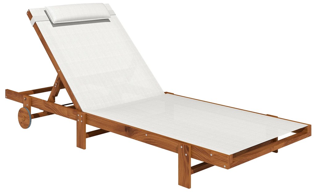 Outsunny Espreguiçadeira Reclinável de Madeira com Rodas com Encosto Ajustável em 4 Níveis 200x84x101 cm Branco e Madeira