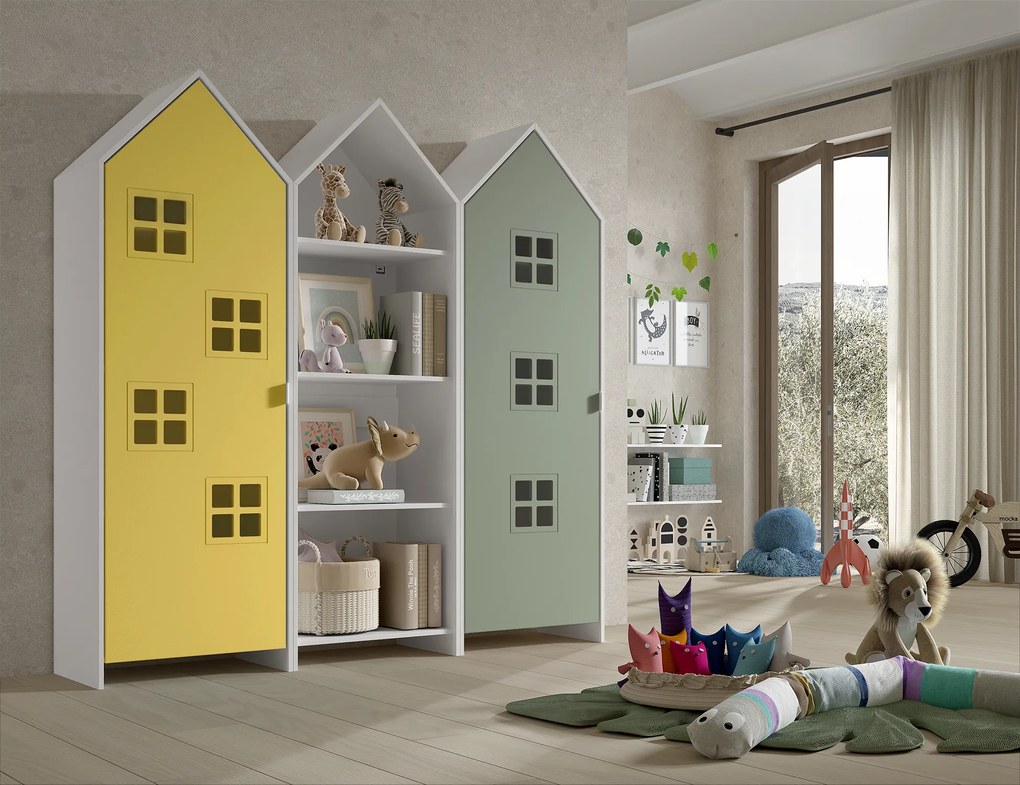 Conjunto 2 armarios Guarda Roupa infantil + estante infantil coleção CASAMI Verde e Amarelo
