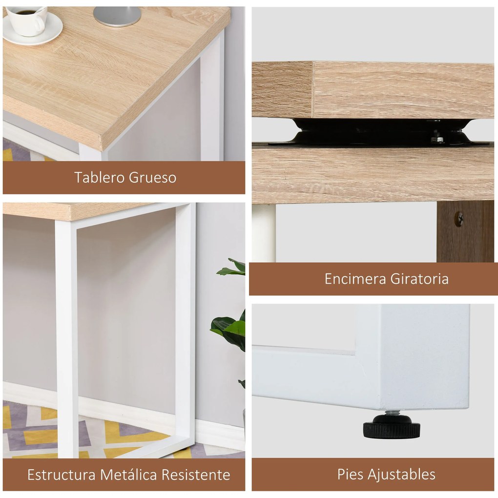 HOMCOM Secretária em forma de L Mesa giratória de 360º para computador várias formas com prateleira de 2 níveis em S Grande espaço de armazenamento 220x55x76 cm Carvalho