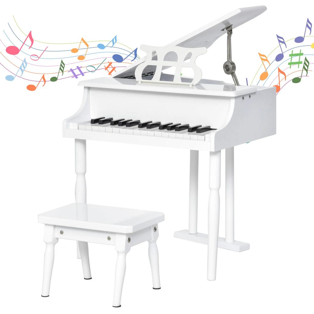 HOMCOM Piano de Cauda Infantil com 30 Teclas Banco Suporte de Partituras Piano para Crianças de MDF Instrumento Musical Educativo 52x50x49cm Branco
