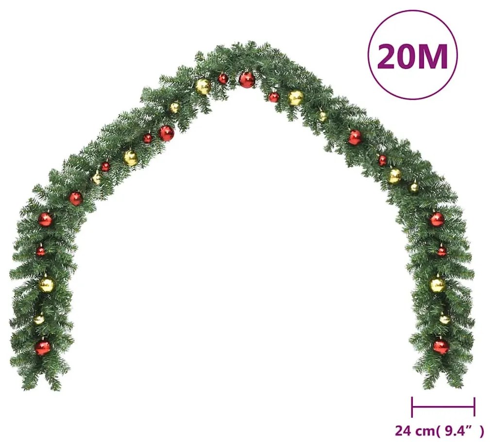 Grinalda de Natal decorada com enfeites e luzes LED 20 m