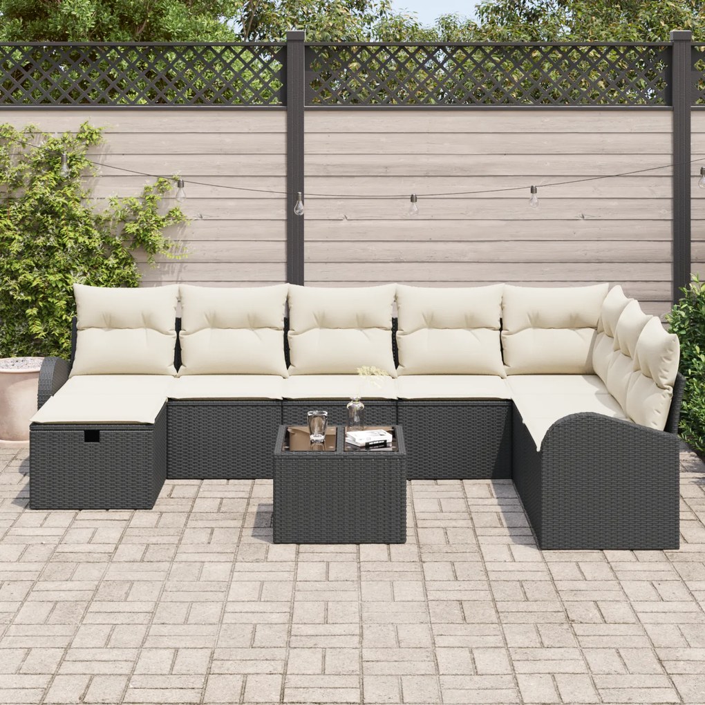 Conjunto de Sofá de Jardim de 9 Peças com Almofadas Pretas de Poliratt