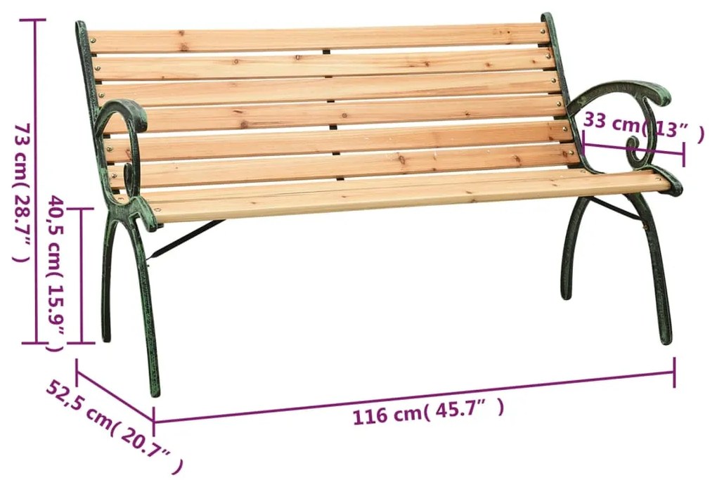 Banco de jardim 116 cm ferro fundido e madeira de abeto maciça