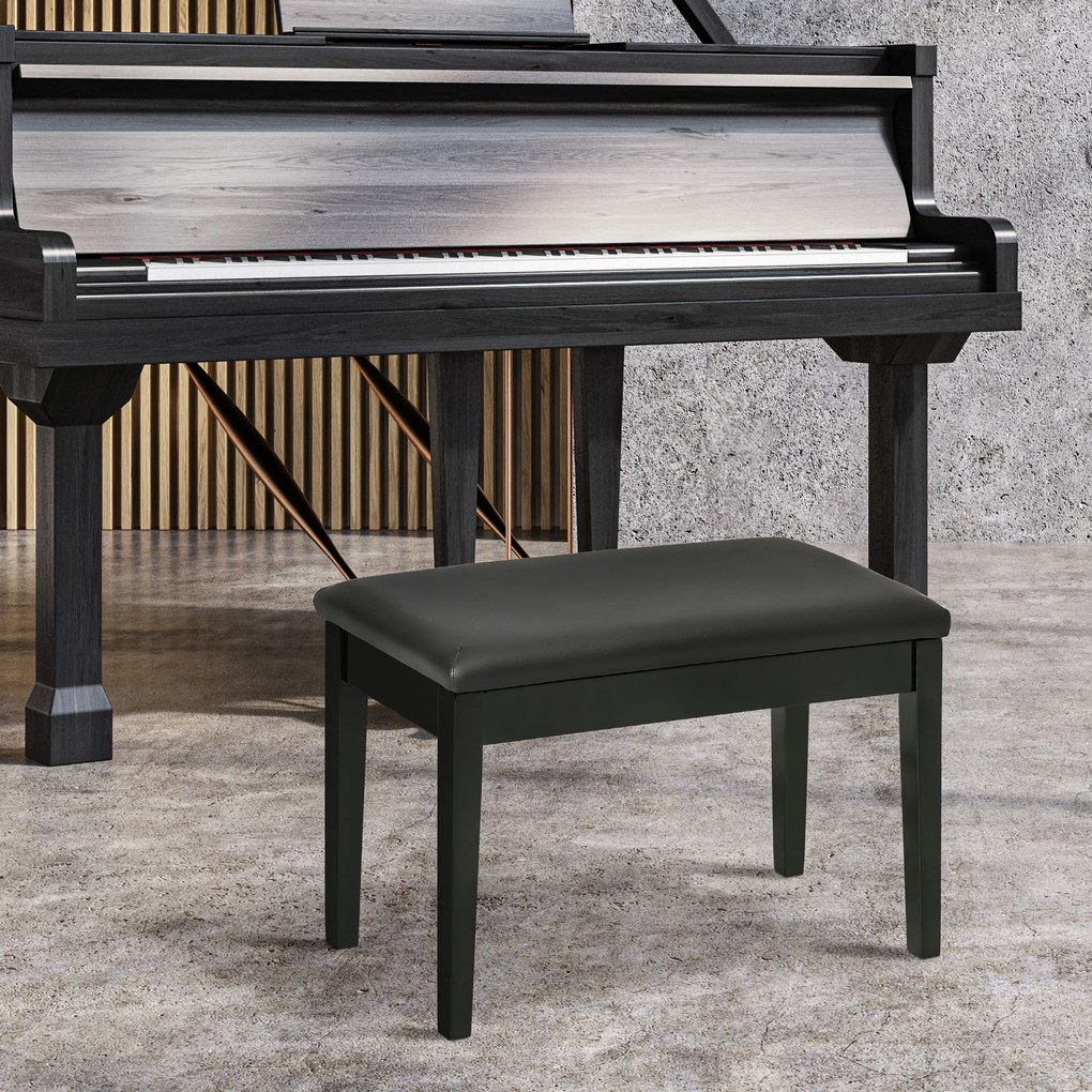 Banco de piano com assento almofadado, pés em madeira maciça e revestimento sintético, 75 x 35 x 49 cm, preto