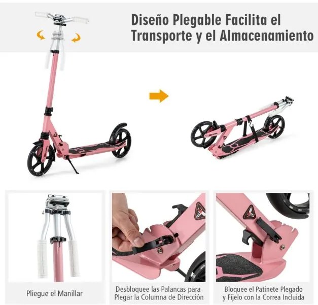 Trotinete dobrável com luzes LED para crianças Guiador com altura ajustável 93 x 43 x 91-106 cm Rosa