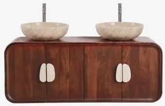 Conjunto De Móvel De Casa De Banho Dupla Suspensa 130x45 Cm Em Madeira De Manga E Pedra Natural Kivalina Travertino - Madeira De Mangueira Escura & -