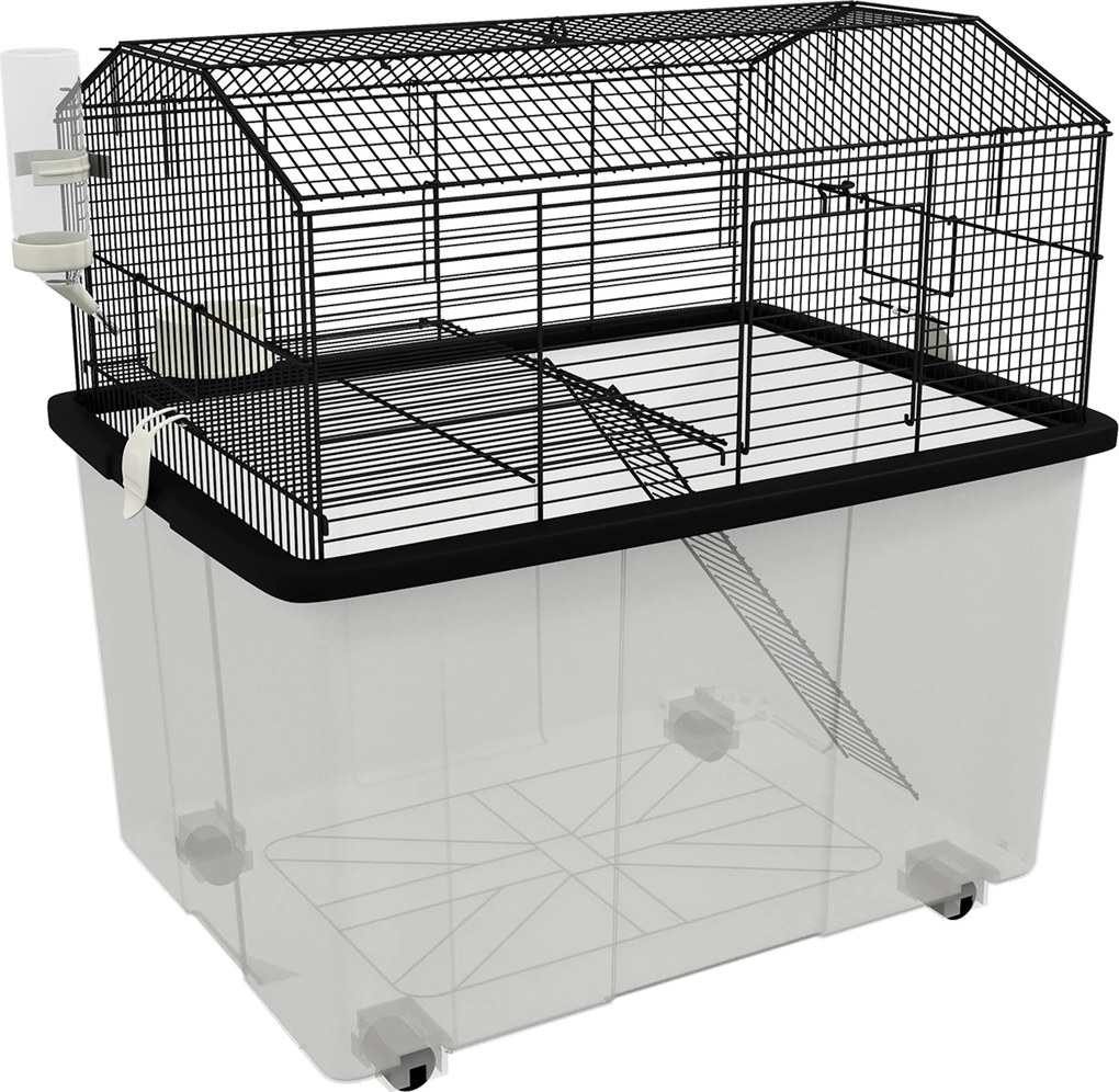 PawHut Gaiola para Hamsters Casa para Pequenos Roedores com Comedouro Bebedouro Rampa e Roda 57x43x57 cm Preto | Aosom Portugal