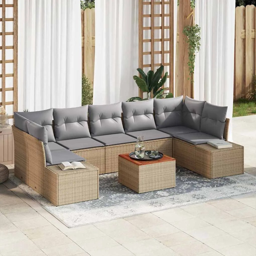vidaXL Conjunto de Sofás de Jardim com 8 Peças e Almofadas Bege em Rattan Sintético e Acácia