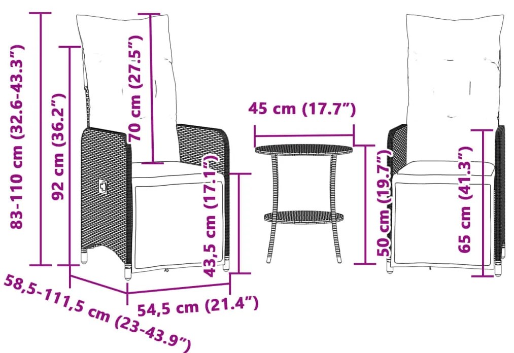 Cadeiras jardim reclináveis 2 pcs com mesa vime PE preto