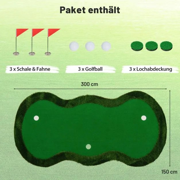 Tapete profissional para golfe 300 x 150 cm  com 3 buracos e bolas de golfe para casa, verde