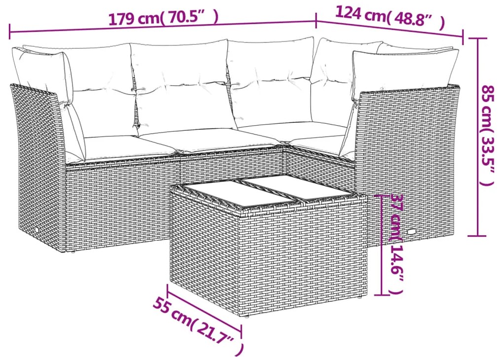 5 pcs conjunto sofás de jardim com almofadões vime PE preto