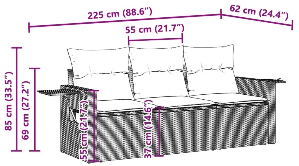 3 pcs conj. sofás jardim c/ almofadões vime PE cinzento-claro