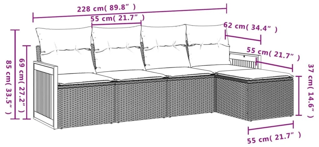 5 pcs conjunto sofás de jardim com almofadões vime PE preto