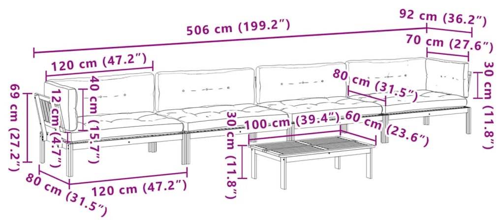 5 pcs móveis de paletes p/ jardim com almofadões acácia maciça