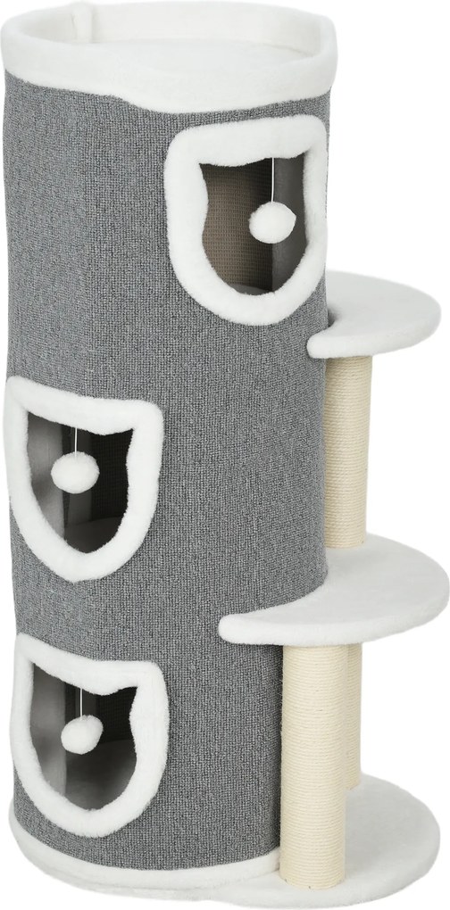 PawHut Barril Arranhador para Gatos de 4 Níveis com 2 Plataformas, 50x36x101 cm, 3 Grutas, Cama e Postes em Sisal, Cinzento | Aosom Portugal