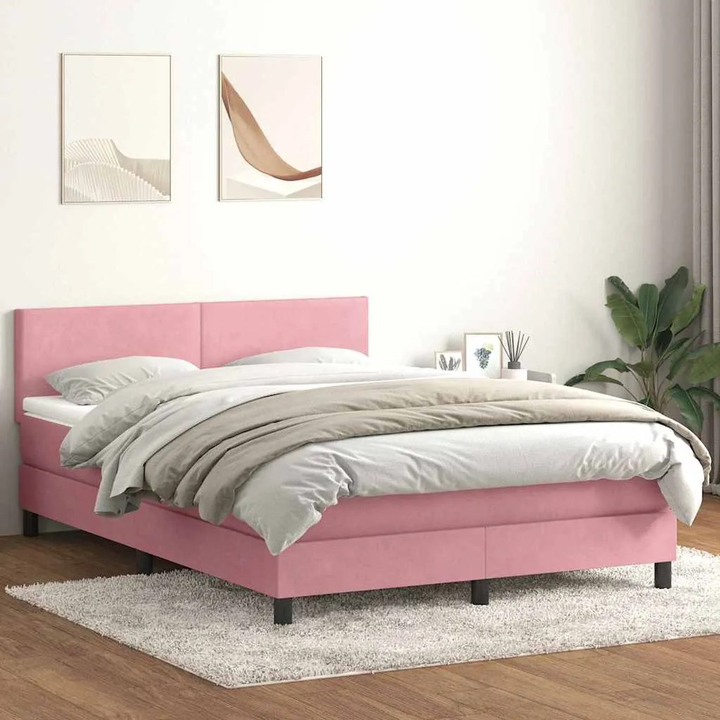 vidaXL Cama box spring c/ colchão e LED 140x210 cm veludo Rosa