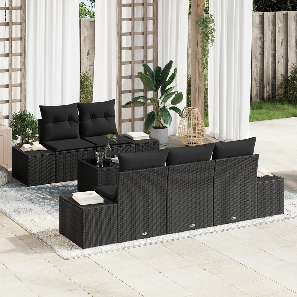 Conjunto de Sofá de Jardim de 6 Peças com Almofadas Preto Polirattan