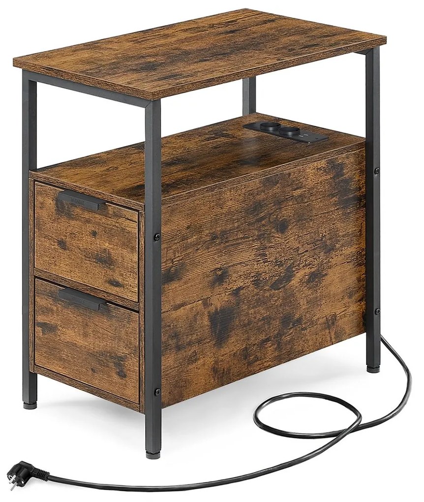 Mesa de apoio com regleta integrada e 2 gavetas para sala ou quarto | VASAGLE | 60 x 35 x 60 cm | marrom|preto | LET325B01.