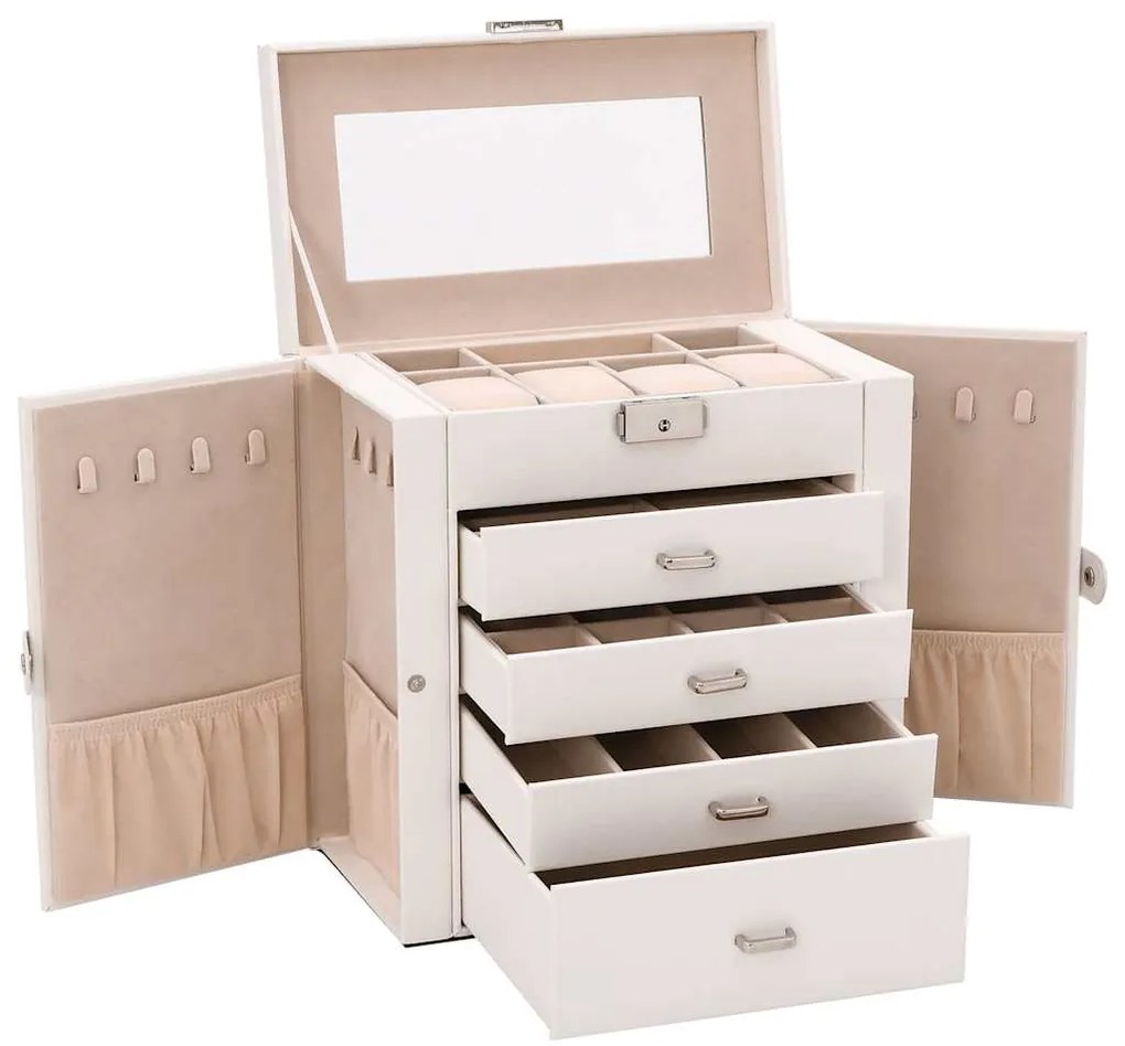 Caixa para jóias de 5 camadas com espelho com fechadura Branco