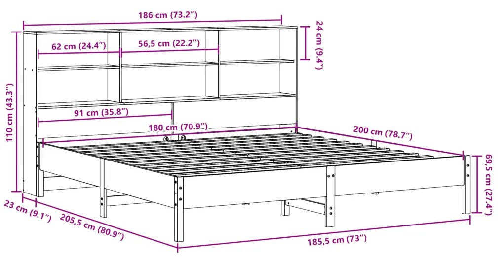 Cama com estante sem colchão 180x200 cm pinho maciço branco