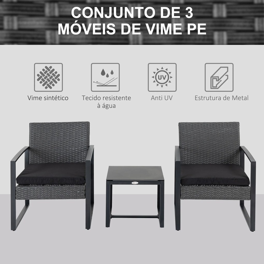 Conjunto de Móveis de Jardim de Vime 3 Peças com 1 Mesa 42,5x40x39 cm 2 Poltronas 63x57x76 cm Cinzento e Preto