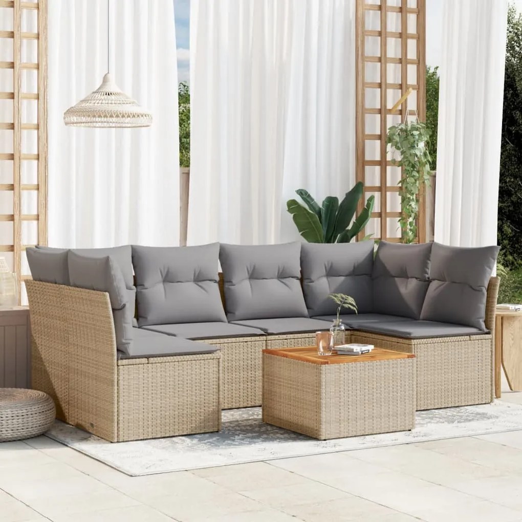 7 pcs conjunto de sofás p/ jardim com almofadões vime PE bege