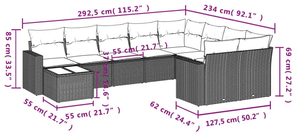 10 pcs conjunto sofás p/ jardim c/ almofadões vime PE cinzento
