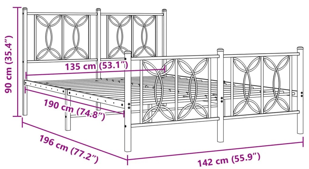 Estrutura de cama com cabeceira e pés 135x190 cm metal preto