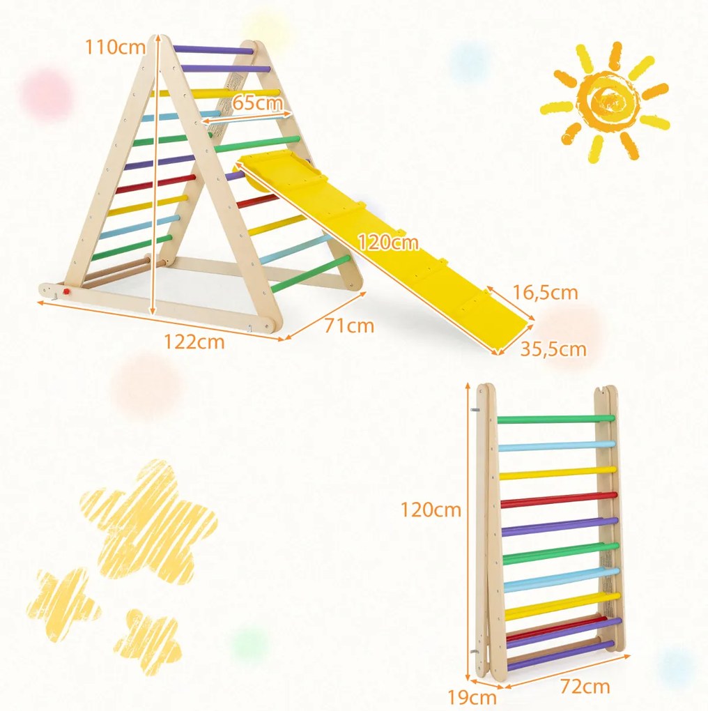 Escada triangular dobrável de madeira para crianças dos 6 meses aos 6 anos para a casa e o quarto das crianças 122 x 71 x 110 cm Multicolorido