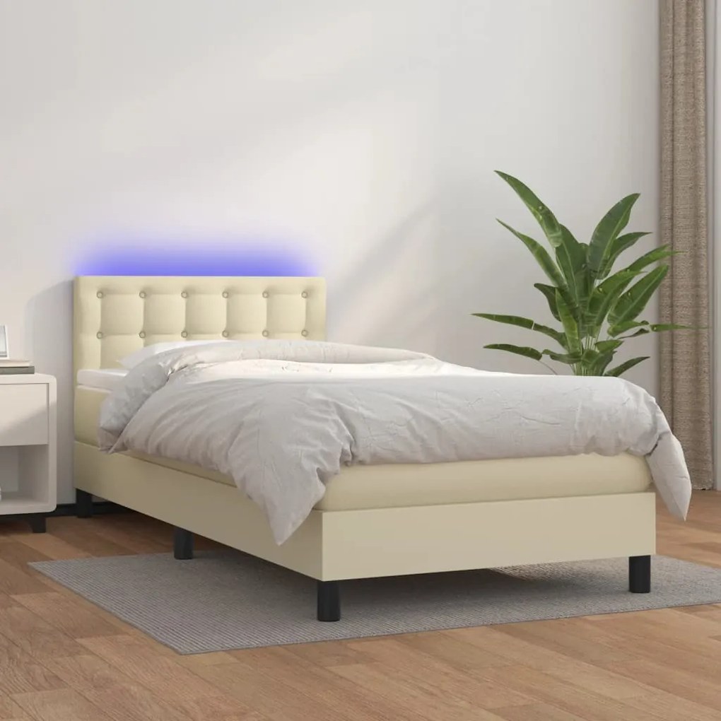 Cama box spring c/ colchão/LED 80x200 cm couro artificial creme