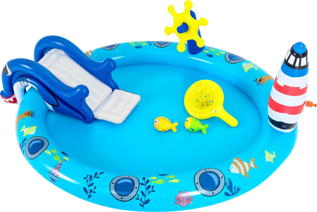 Piscina insuflável infantil 188 x 153 x 63 cm com parque aquático temático marinho, escorrega em forma de tubarão, aspersor de água e jogo de pesca pa