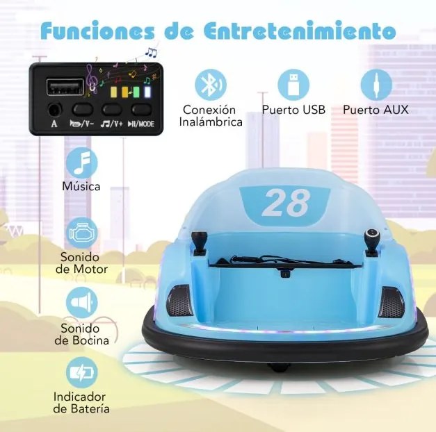 Carrinho de choques para crianças a bateria 6V  com luzes LED Ligação sem fios Música e som  360° Azul