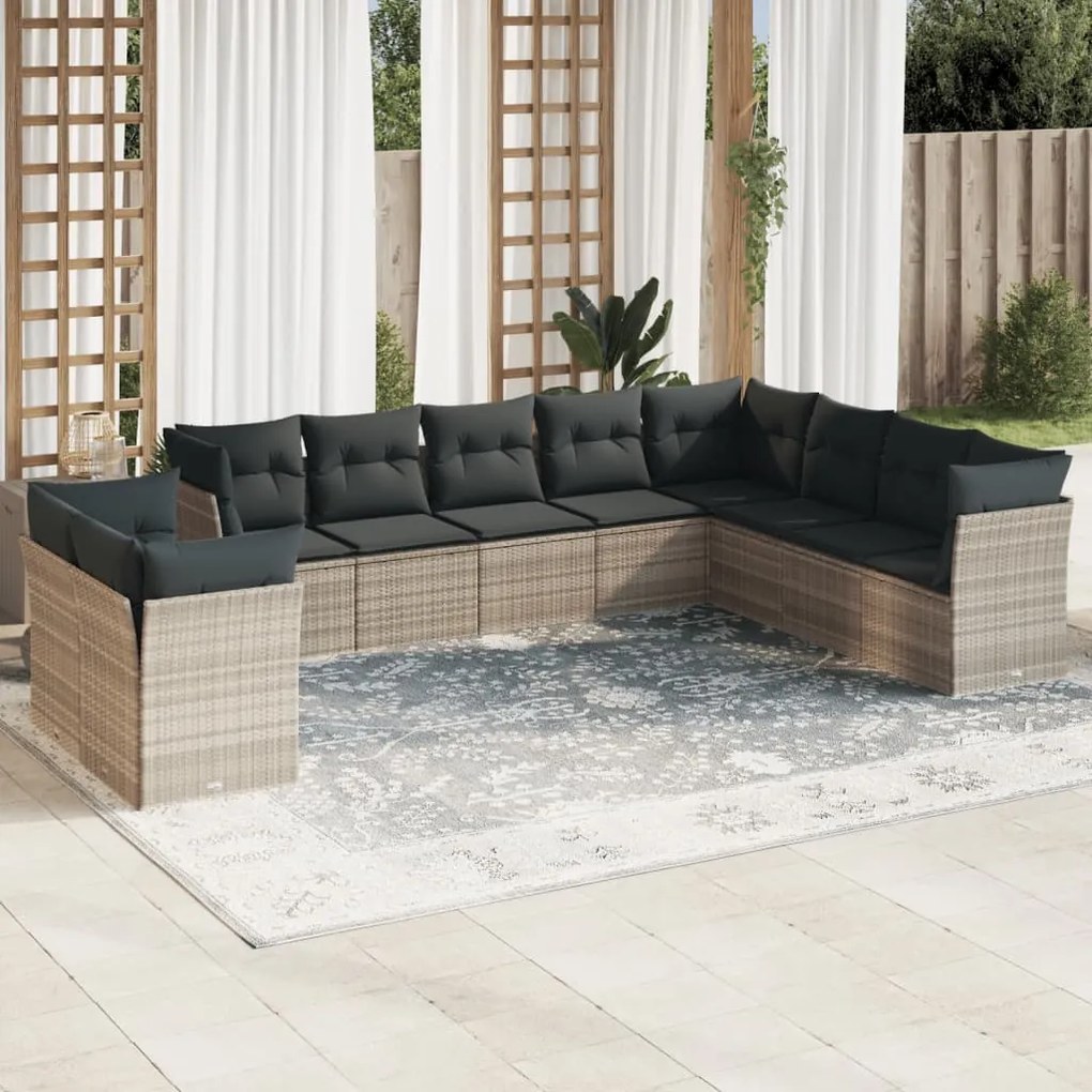 vidaXL 10 pcs conj. sofás jardim com almofadões vime PE cinzento-claro