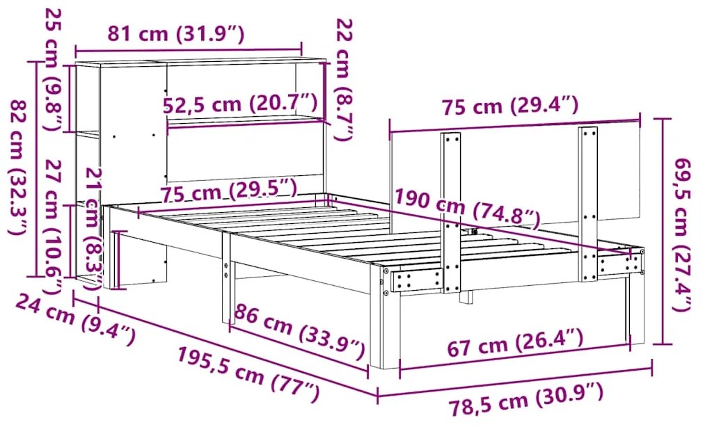 Cama com estante sem colchão 75x190 cm pinho maciço branco