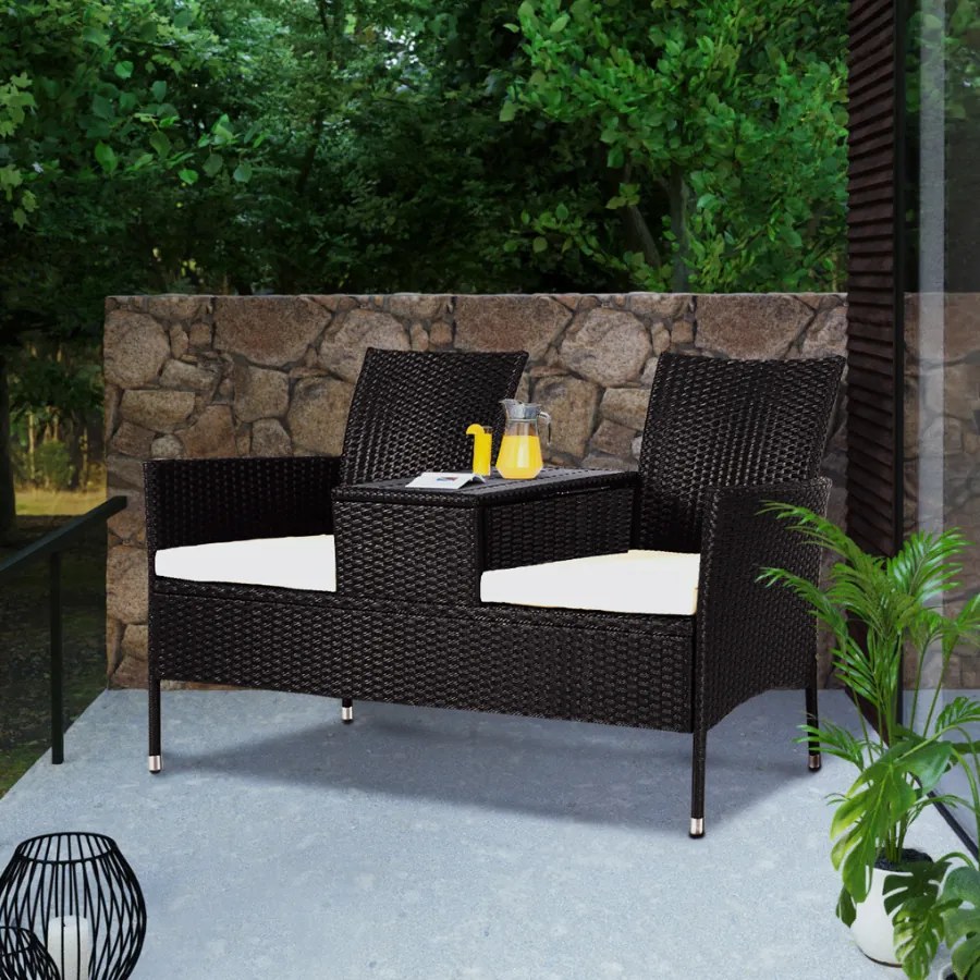 Banco de 2 lugares com mesa integrada em polirrattan 143 x 64 x 87 cm Preto