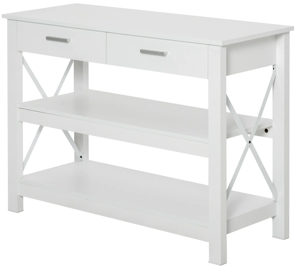 Mesa de console de estilo moderno com 2 gavetas e prateleiras inferiores 105x40x76 cm Branco